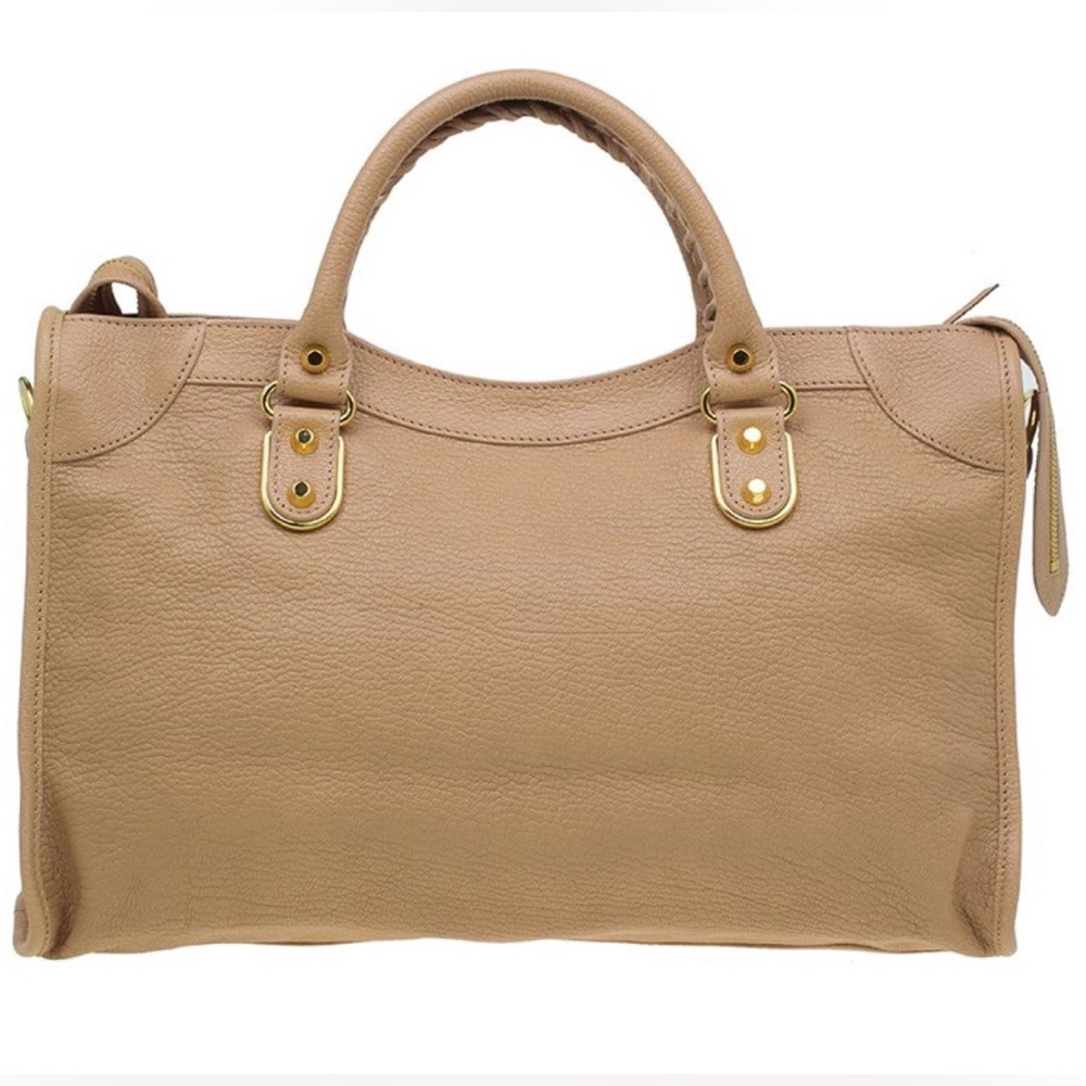 Auth Balenciaga City Bag medium Metallic edge Beige Chèvre Gold strap Mirror - Picture 8 of 12